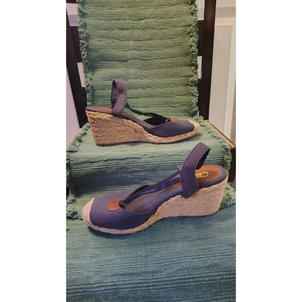 Chaps Navy Blue Canvas Espadrille Wedge Sandals - Women's Size 6B